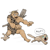Cartoon caveman wearing fur socks, running after furry animal