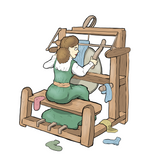 Cartoon lady using William Lee knitting machine sewing socks